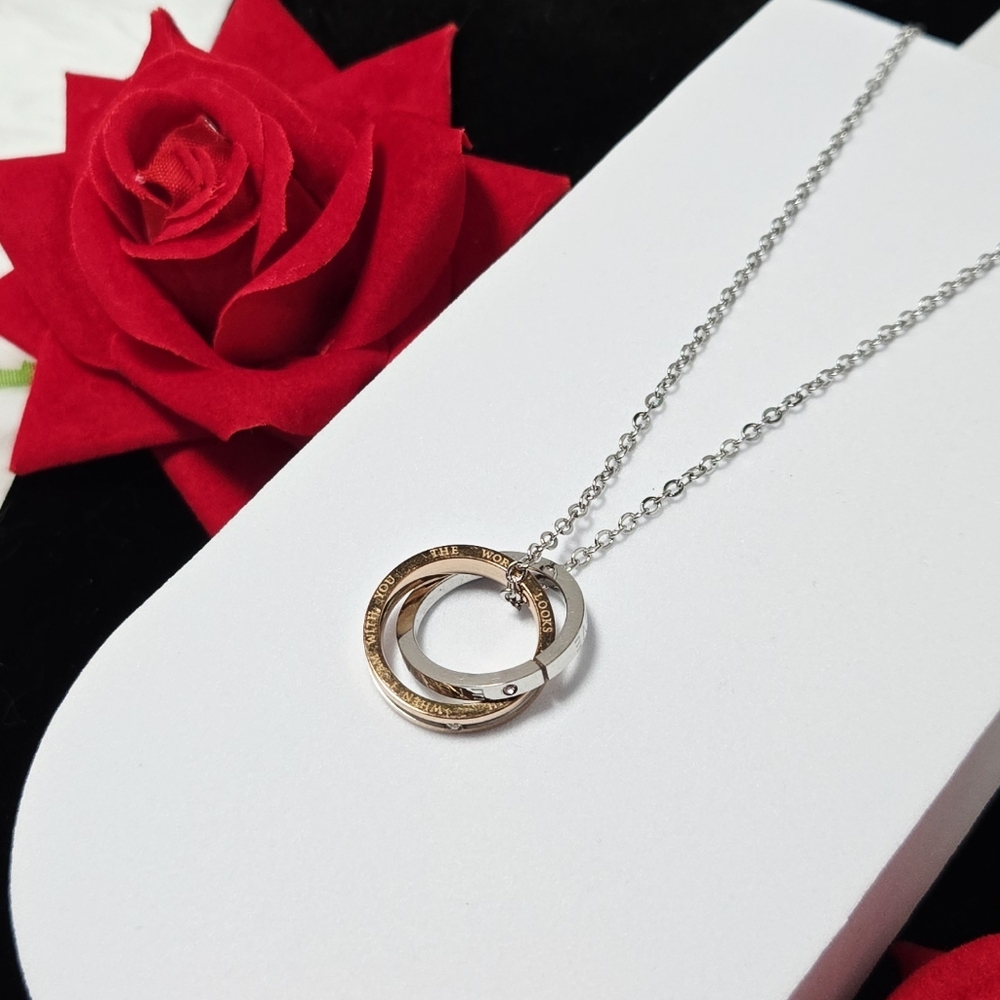 Love Pendant Necklace Stainless Steel Two-Tone Interlocking Rings Couples Gift